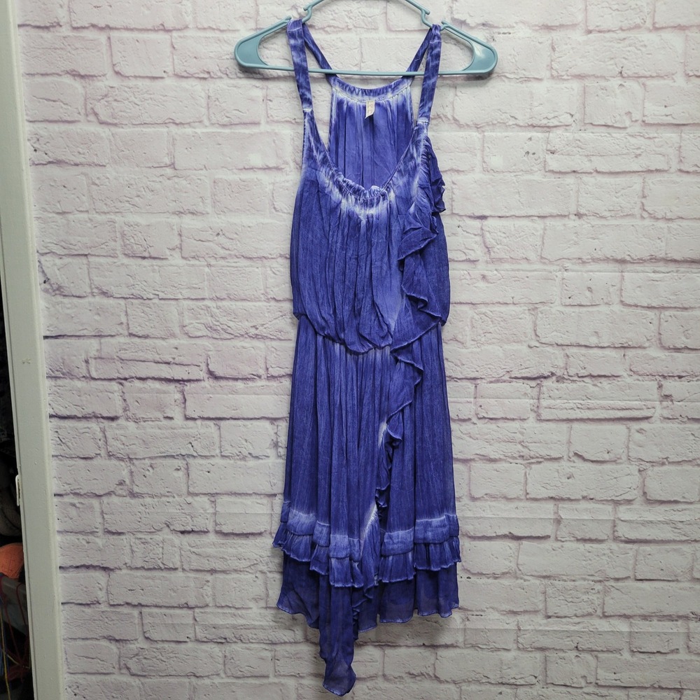Free People Aphrodite Dress Size SP Tie Dye Blue Ruffle Detail Asymmetrical Hem